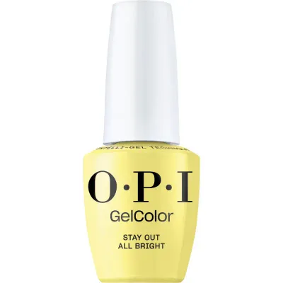 Vernis gel OPI GelColor Stay Out All Bright en jaune brillant. Teinte jaune vive et lumineuse avec une finition brillante.