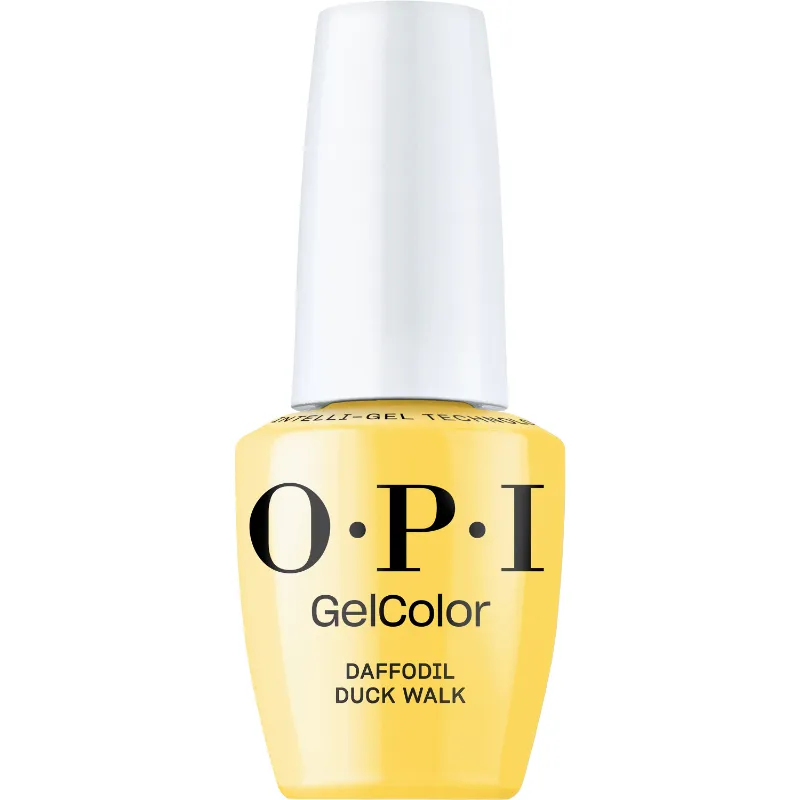 Yellow glossy gel polish by OPI, Daffodil Duck Walk. For a cheerful, salon-quality finish.