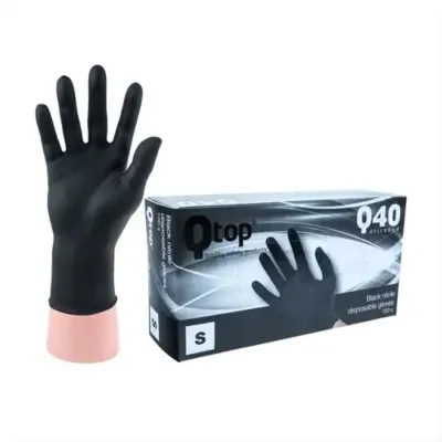 Zwarte nitrile handschoenen maat S – verpakking en poedervrije disposable handschoen op hand