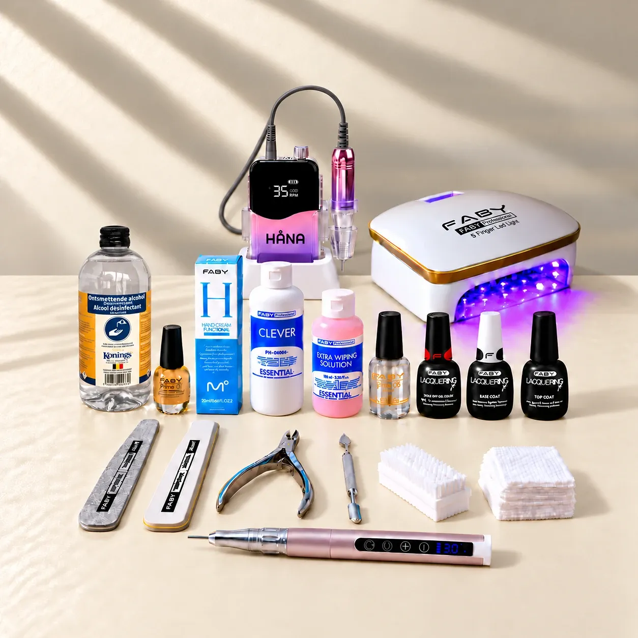 Kit de démarrage gel polish FABY avec lampe LED professionnelle, ponceuse à ongles et produits vegan.