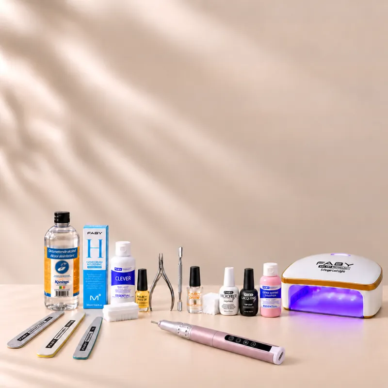 Kit de manucure Faby avec ponceuse à ongles, lampe UV/LED, limes et produits sur fond beige.