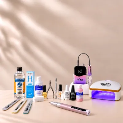 Faby Maniküre-Set mit Nagelfräser, UV/LED-Lampe, Feilen und Nagelprodukten auf beigem Hintergrund.