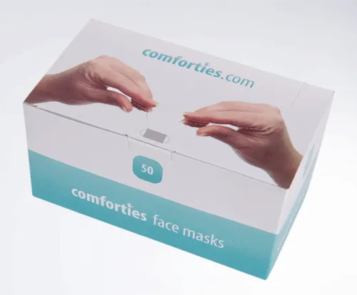 Packaging of Comforties Anti-Fog face masks with 98% bacterial filtration efficiency.