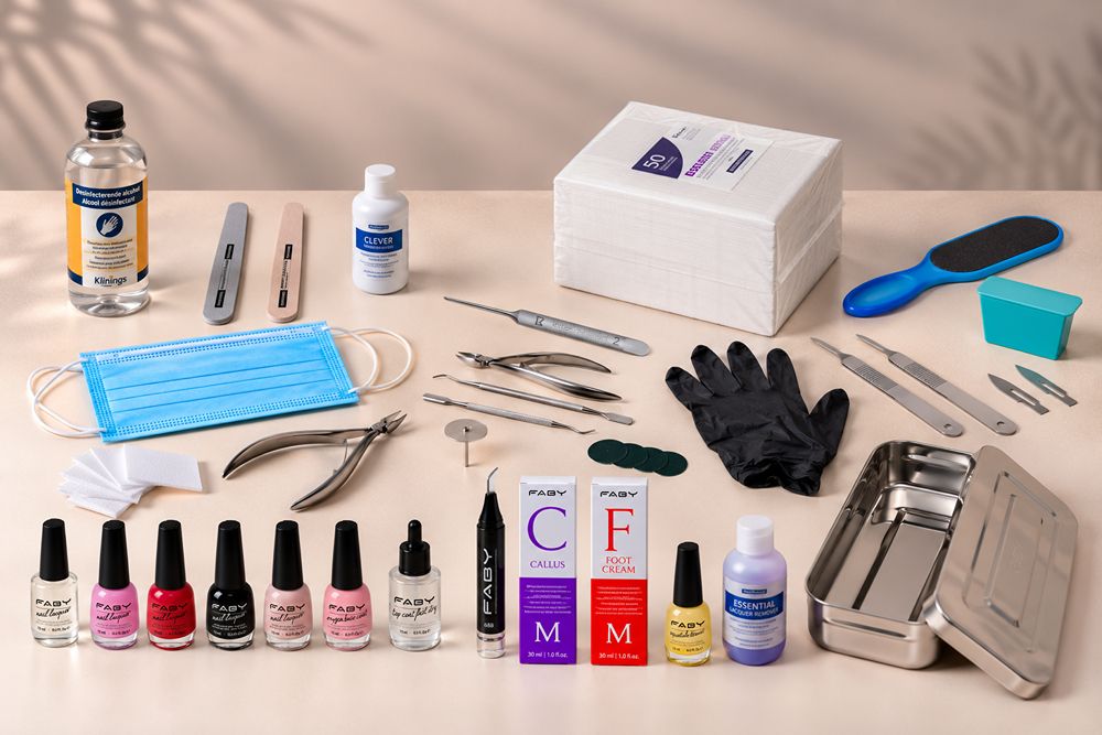 Professionelles Håna+ Cosmetics Starterpaket für kosmetische Fußpflege mit Faby Nagellack, Edelstahl-Pediküre-Instrumenten un
