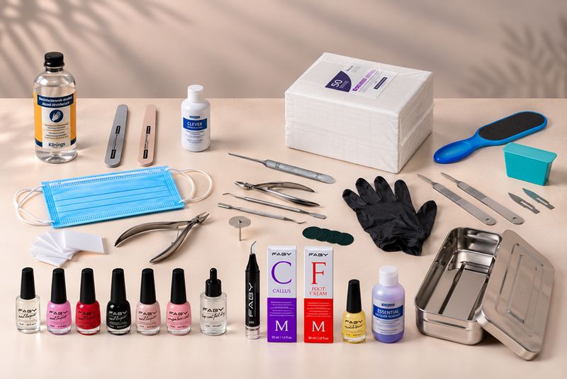 Professionelles Håna+ Cosmetics Starterpaket für kosmetische Fußpflege mit Faby Nagellack, Edelstahl-Pediküre-Instrumenten un