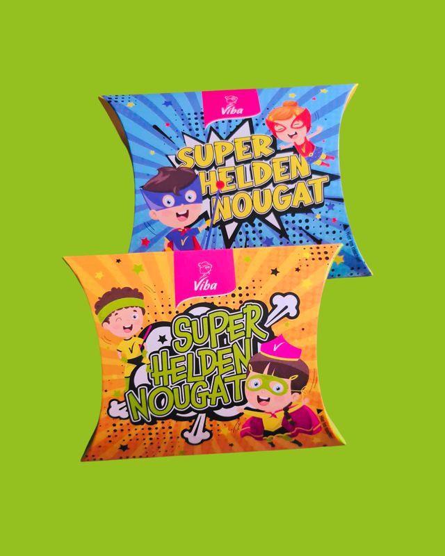 Viba Superhelden-Nougat Kissenschachtel orange oder blau 50 g