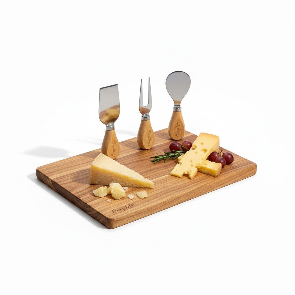 4-PIECE CHEESE SET - 3 CHEESE KNIVES + ACACIA CUTTING BOARD