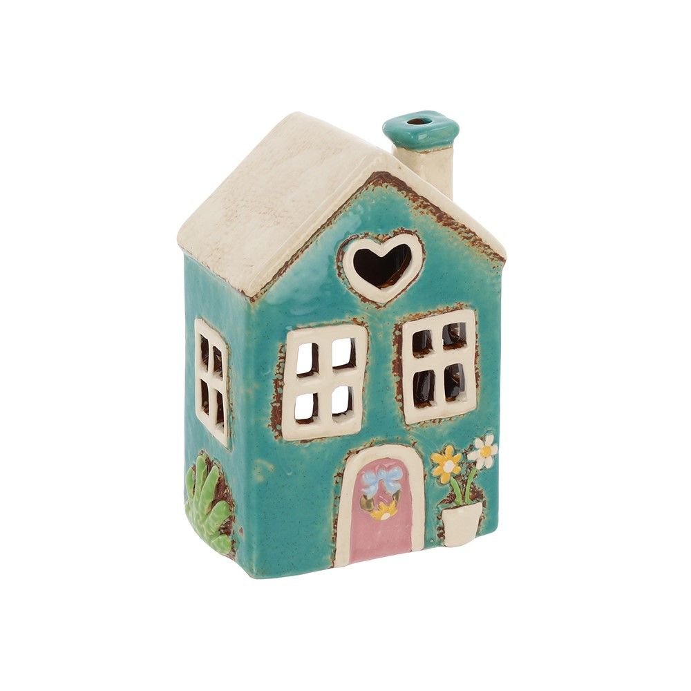 VILLAGE POTTERY GARDEN HEART HOUSE TEAL TEALIGHT
