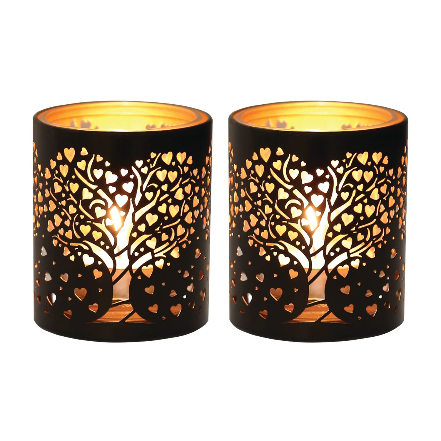 BLACK &amp; GOLD SILHOUETTE HEART TREE TEALIGHT S2