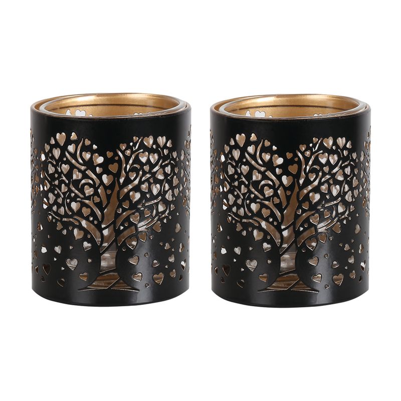 BLACK &amp; GOLD SILHOUETTE HEART TREE TEALIGHT S2