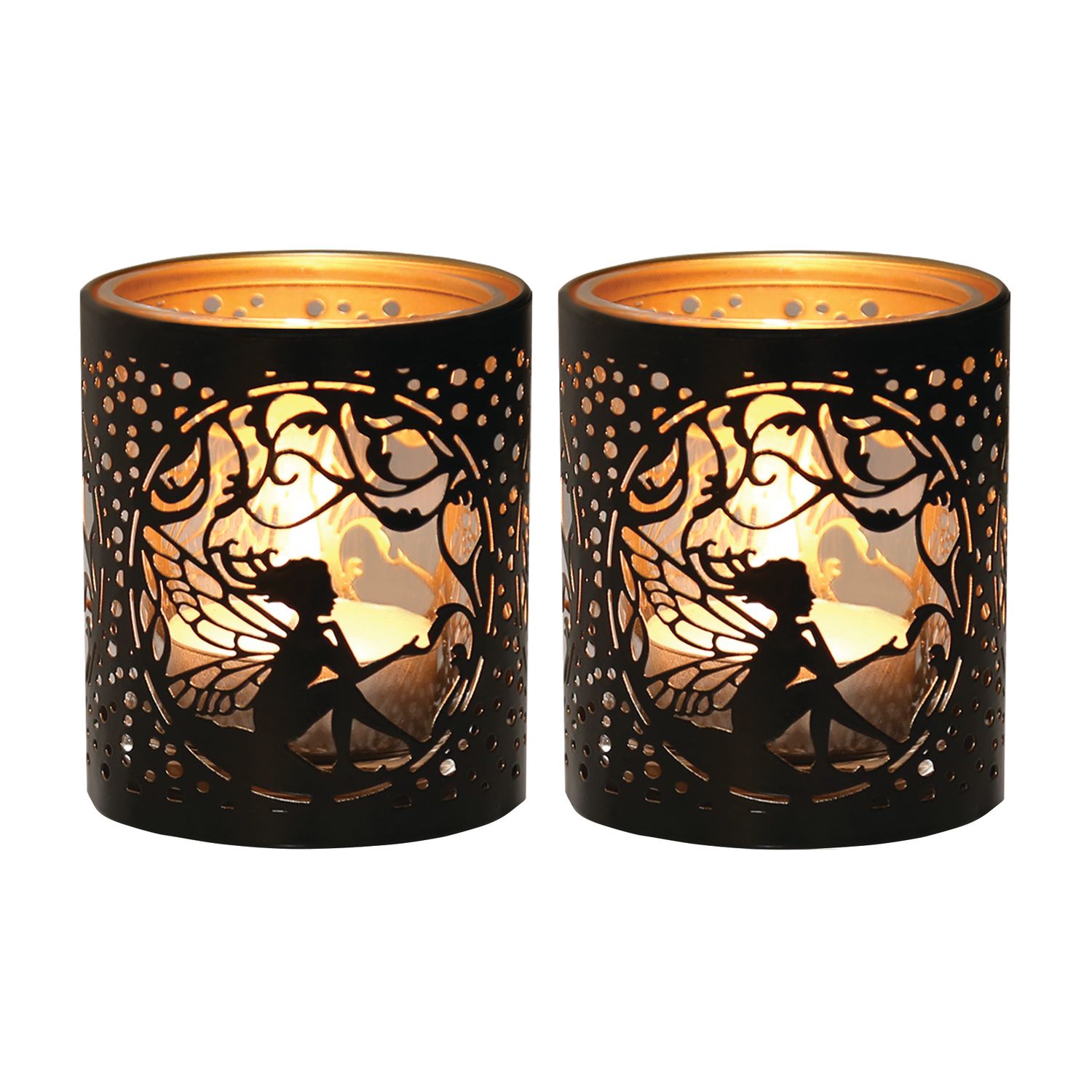 BLACK &amp; GOLD SILHOUETTE SEATED FAIRY TEALIGHT S2