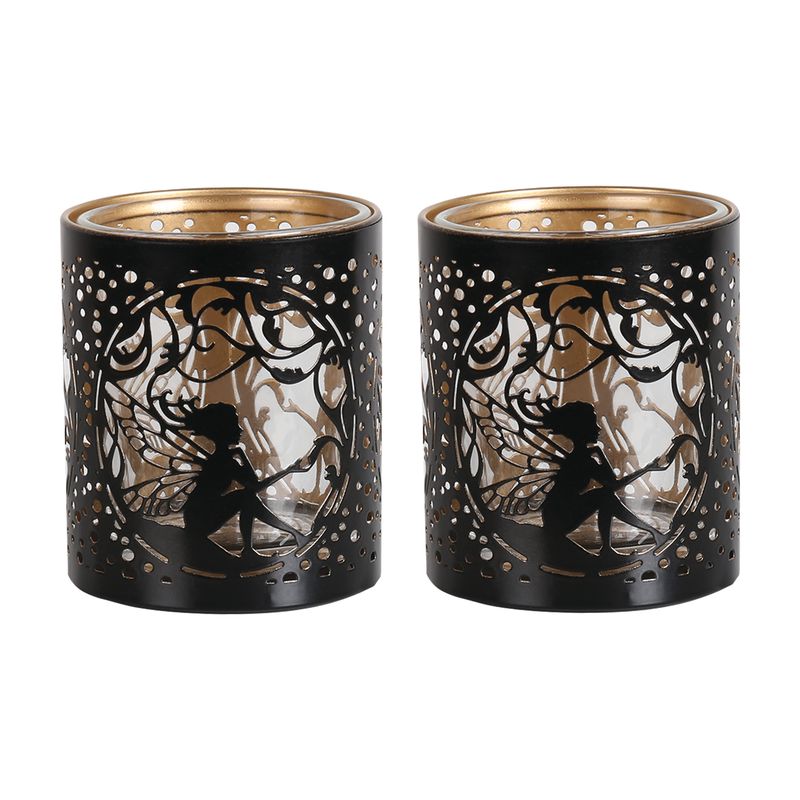 BLACK &amp; GOLD SILHOUETTE SEATED FAIRY TEALIGHT S2