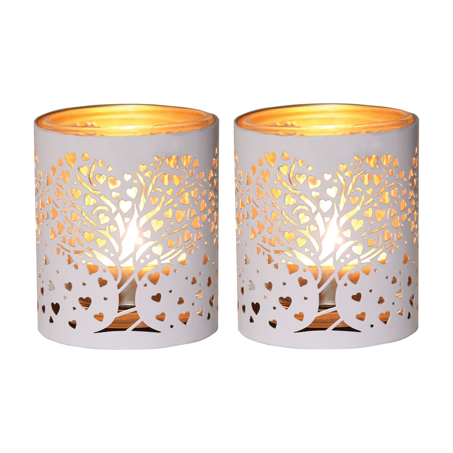 WHITE &amp; GOLD SILHOUETTE HEART TREE TEALIGHT S2