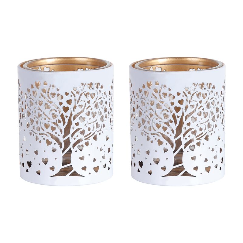 WHITE &amp; GOLD SILHOUETTE HEART TREE TEALIGHT S2