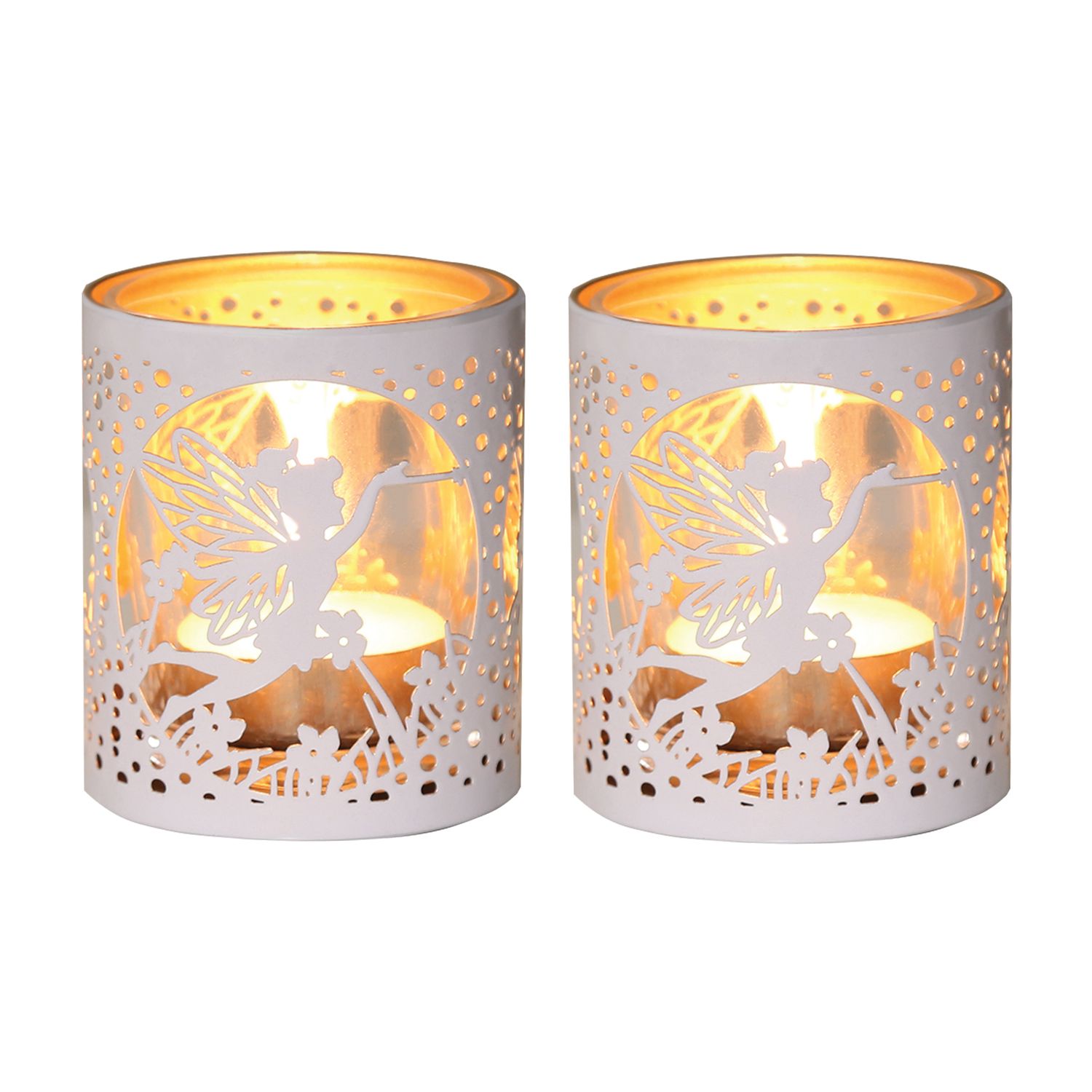 WHITE &amp; GOLD SILHOUETTE FLYING FAIRY TEALIGHT S2