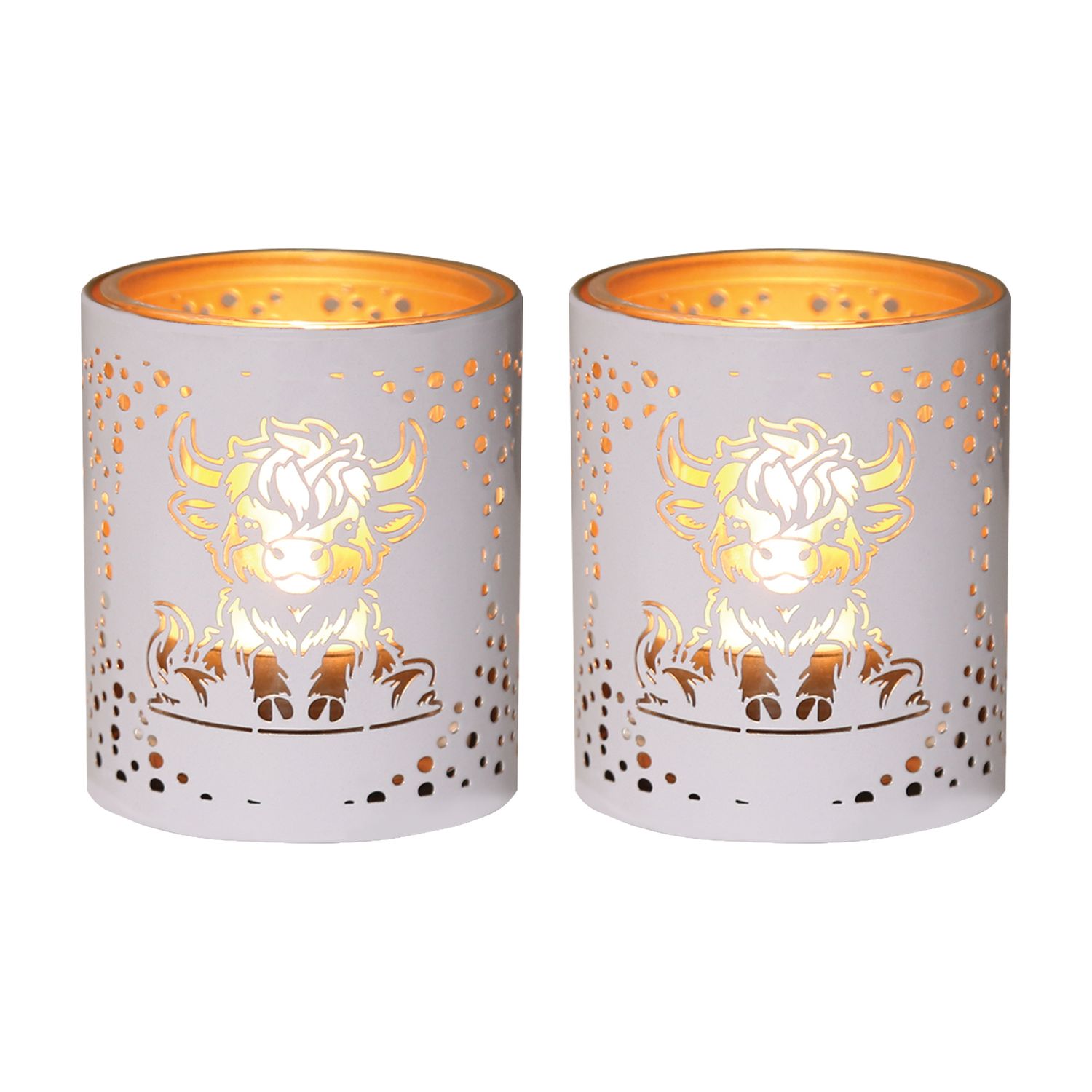 WHITE &amp; GOLD SILHOUETTE HIGHLAND COW TEALIGHT S2