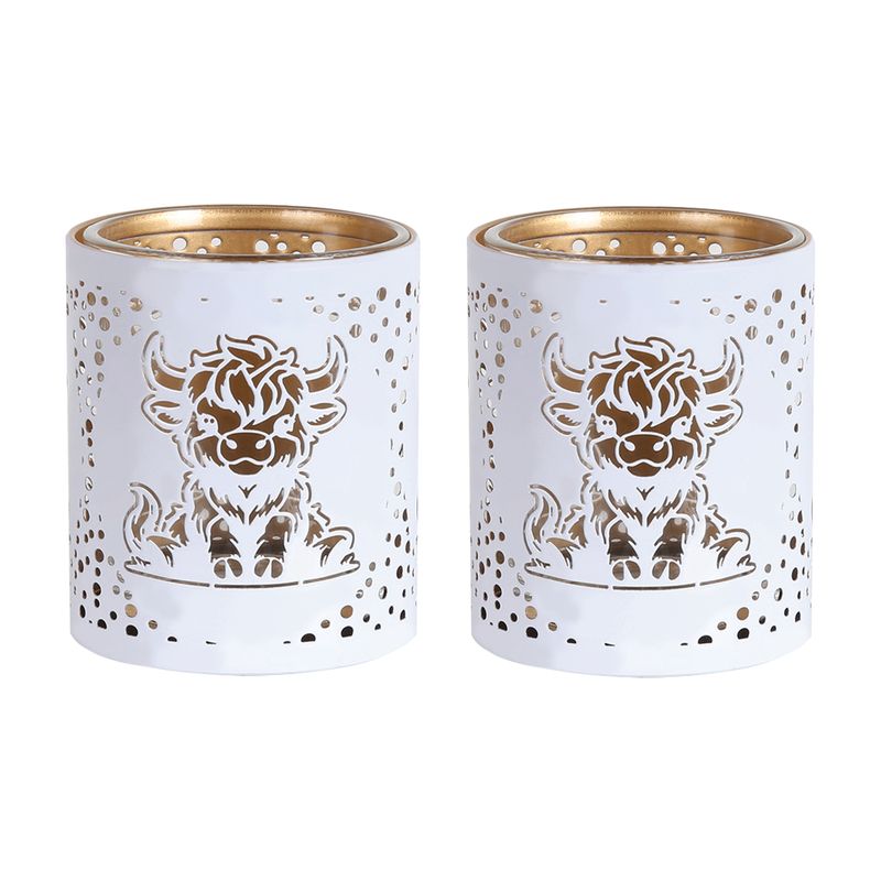 WHITE &amp; GOLD SILHOUETTE HIGHLAND COW TEALIGHT S2