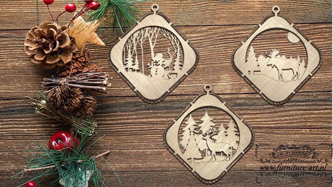 Set van 3 kerstballen in 3d vierkant