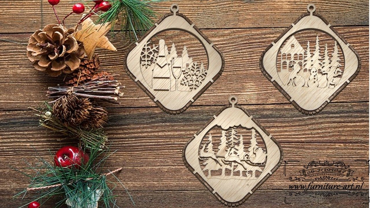 Set van 3 kerstballen in 3d vierkant