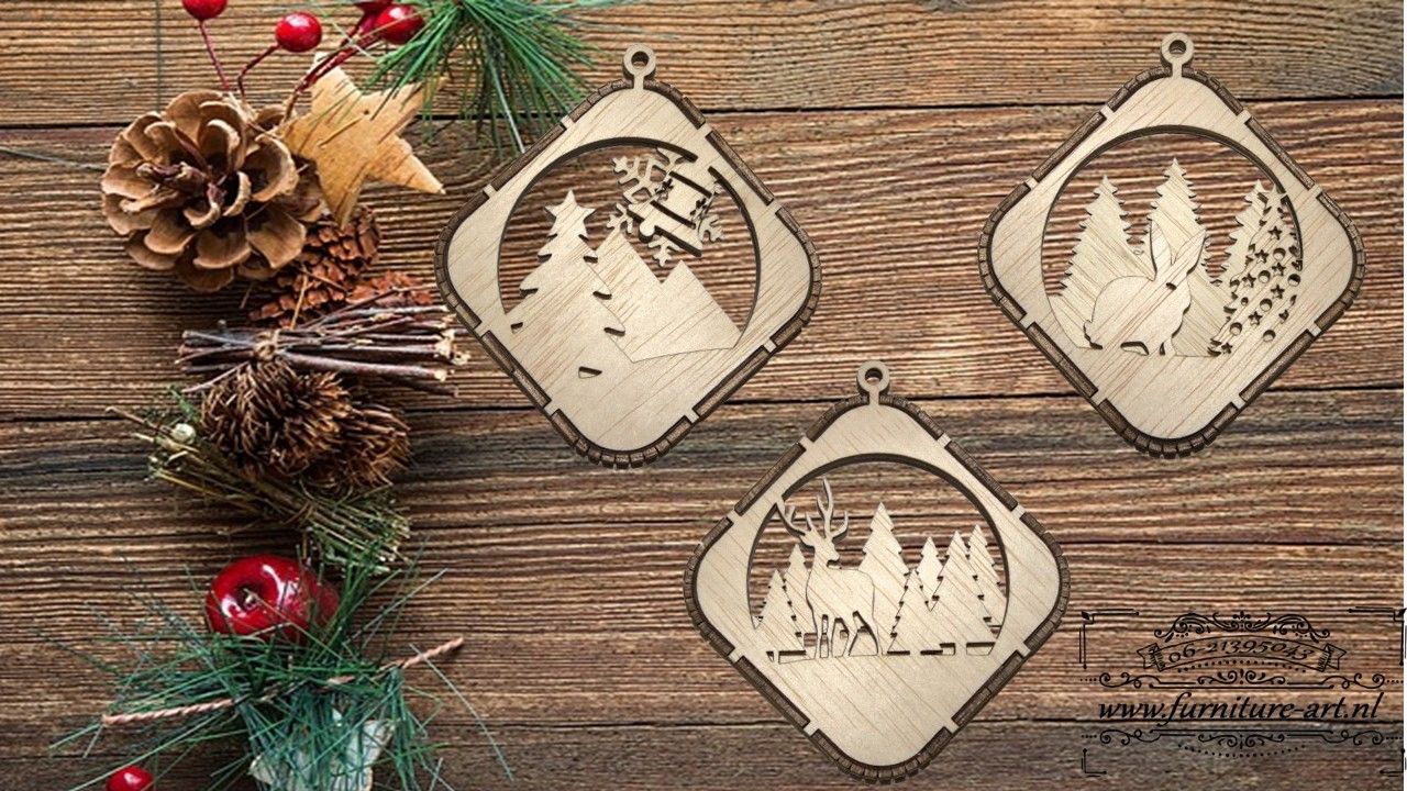 Set van 3 kerstballen in 3d vierkant