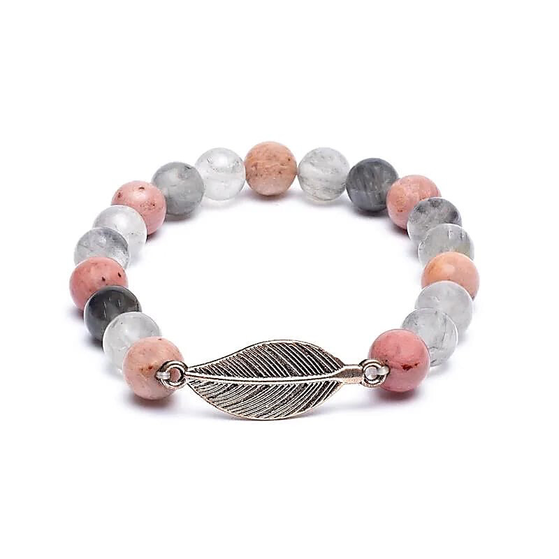 Edelsteen Armband Rhodoniet/grijze Kwarts Met Veer