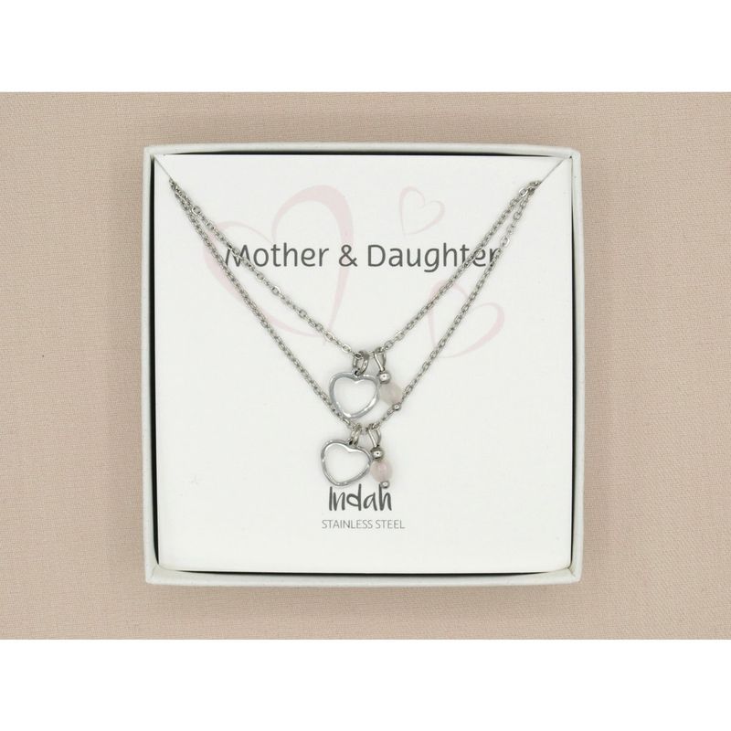 Duo Ketting Moeder &amp; Dochter zilver Met Rozenkwarts Detail