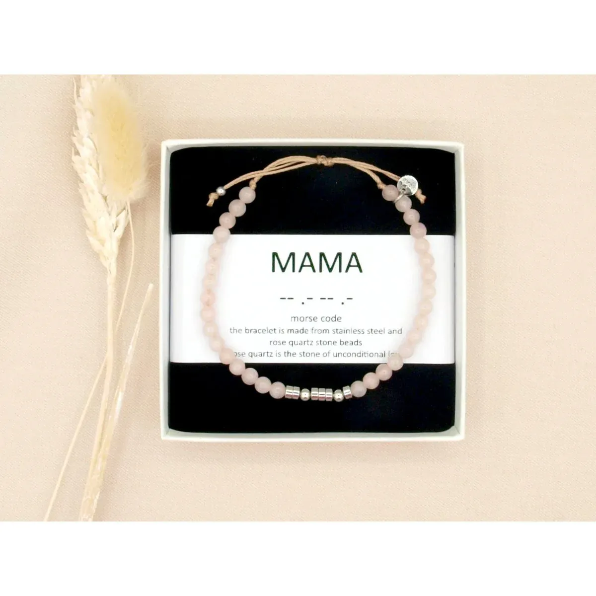 Mama, morsecode armband rozenkwarts met zilver