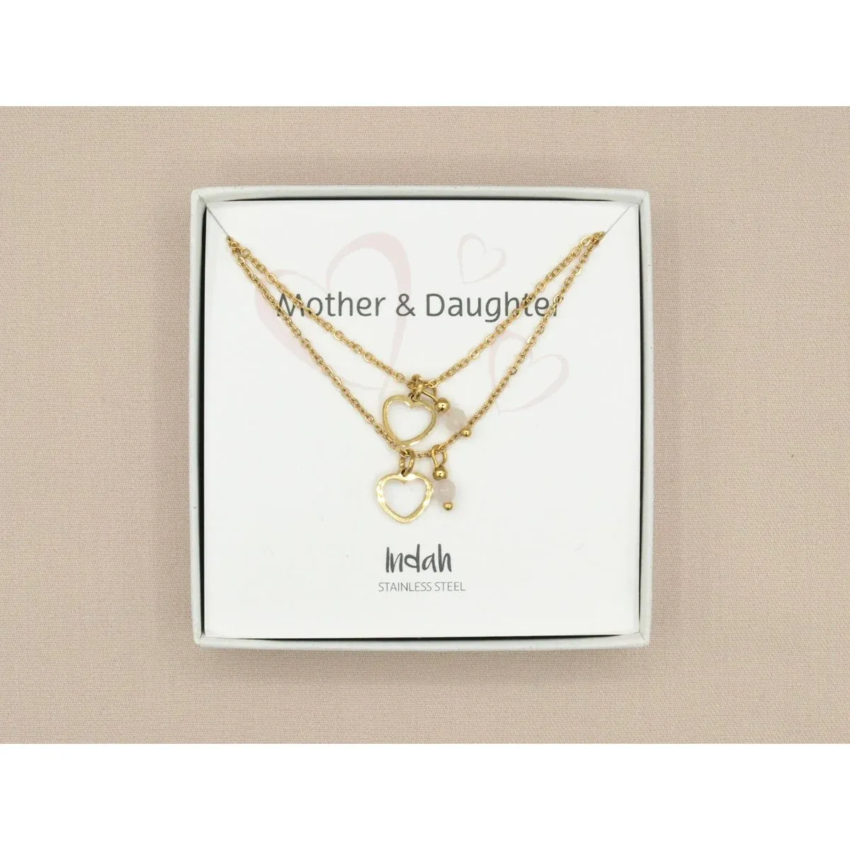 Duo ketting moeder &amp; dochter goud Met Rozenkwarts Detail
