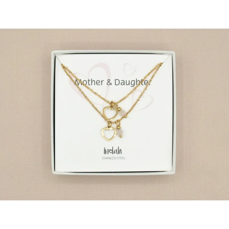 Duo ketting moeder &amp; dochter goud Met Rozenkwarts Detail