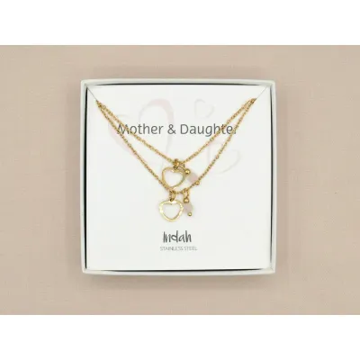 Duo ketting moeder &amp; dochter goud Met Rozenkwarts Detail