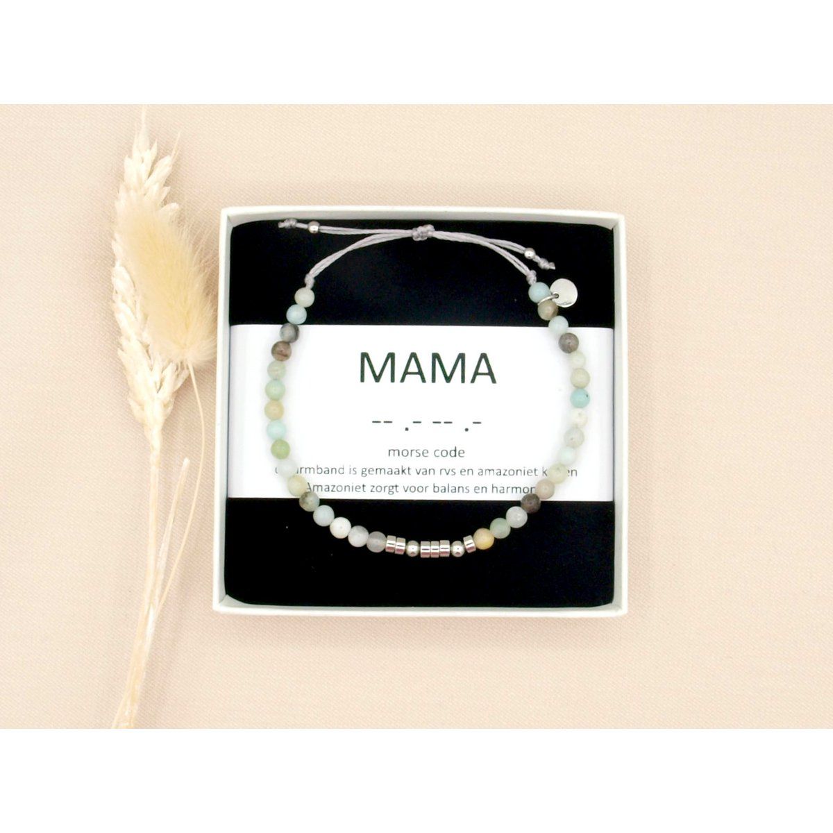 Mama, morsecode armband amazoniet met zilver