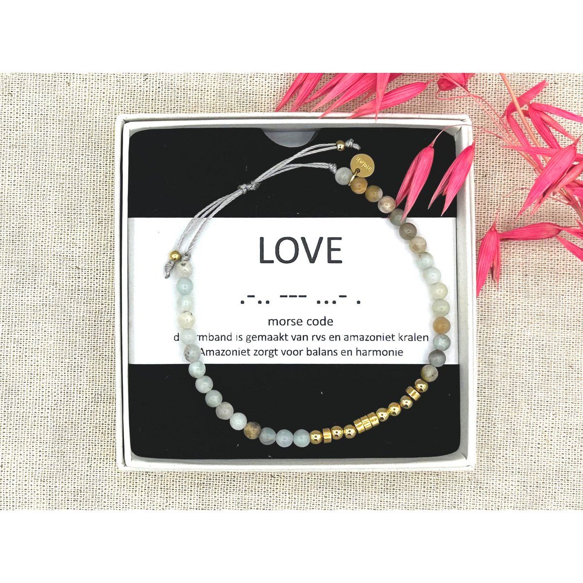 Love, morsecode armband amazoniet met zilver