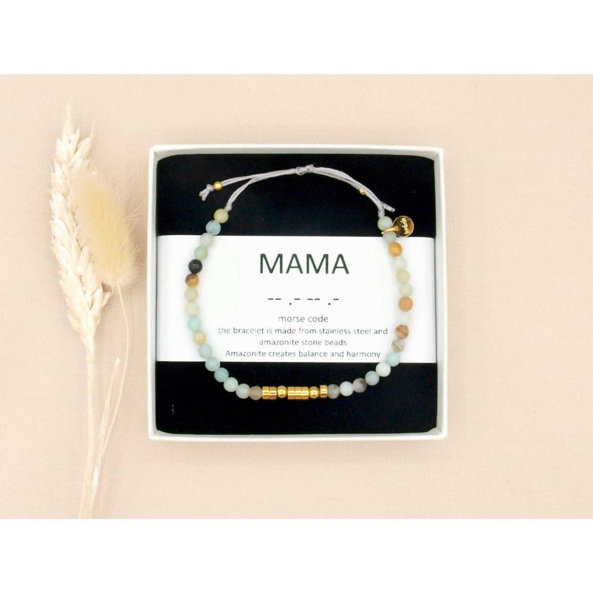 Mama, morsecode armband amazoniet met goud