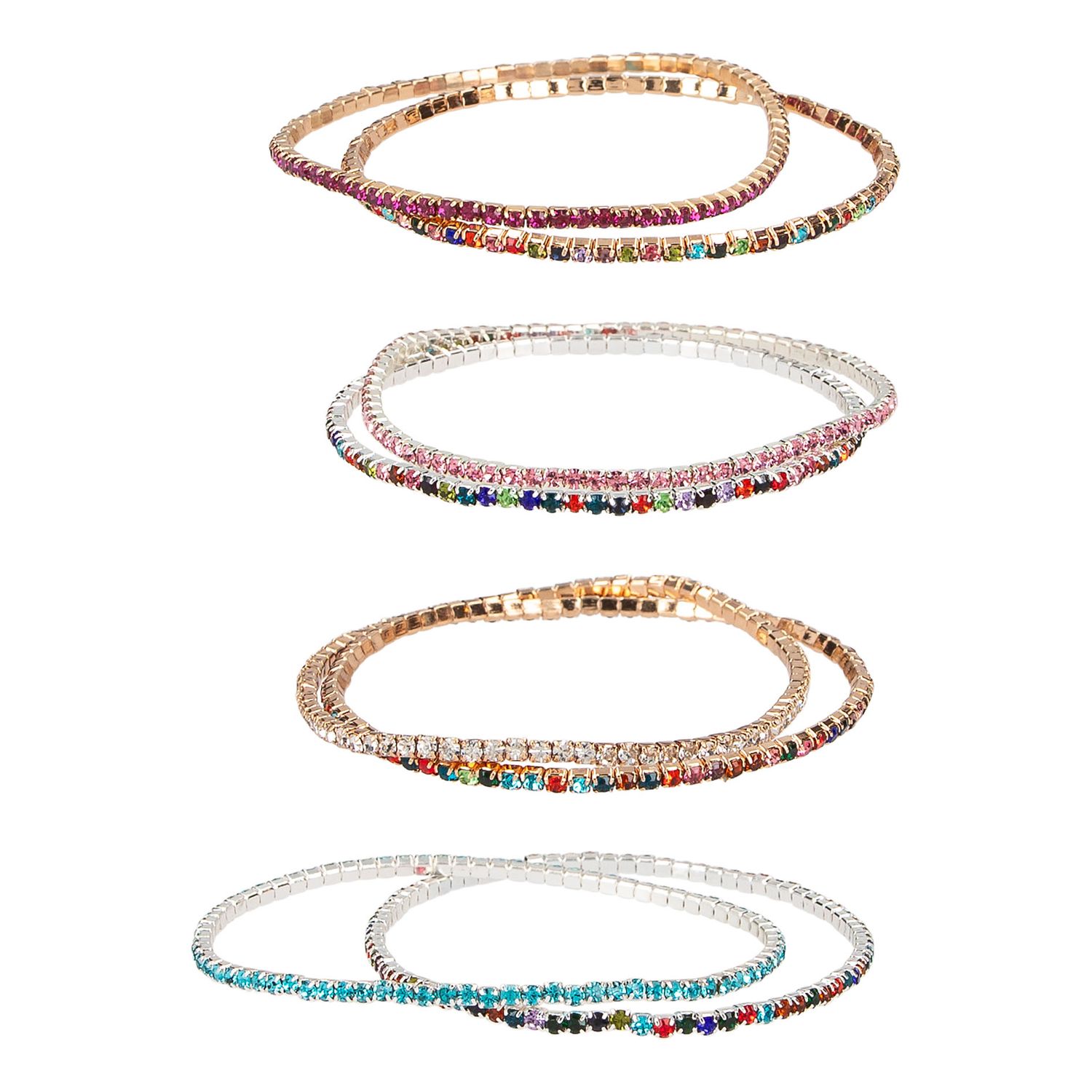 Miss Melody strass armbanden, kleur: Gouden armband fushia steentjes + multicolor