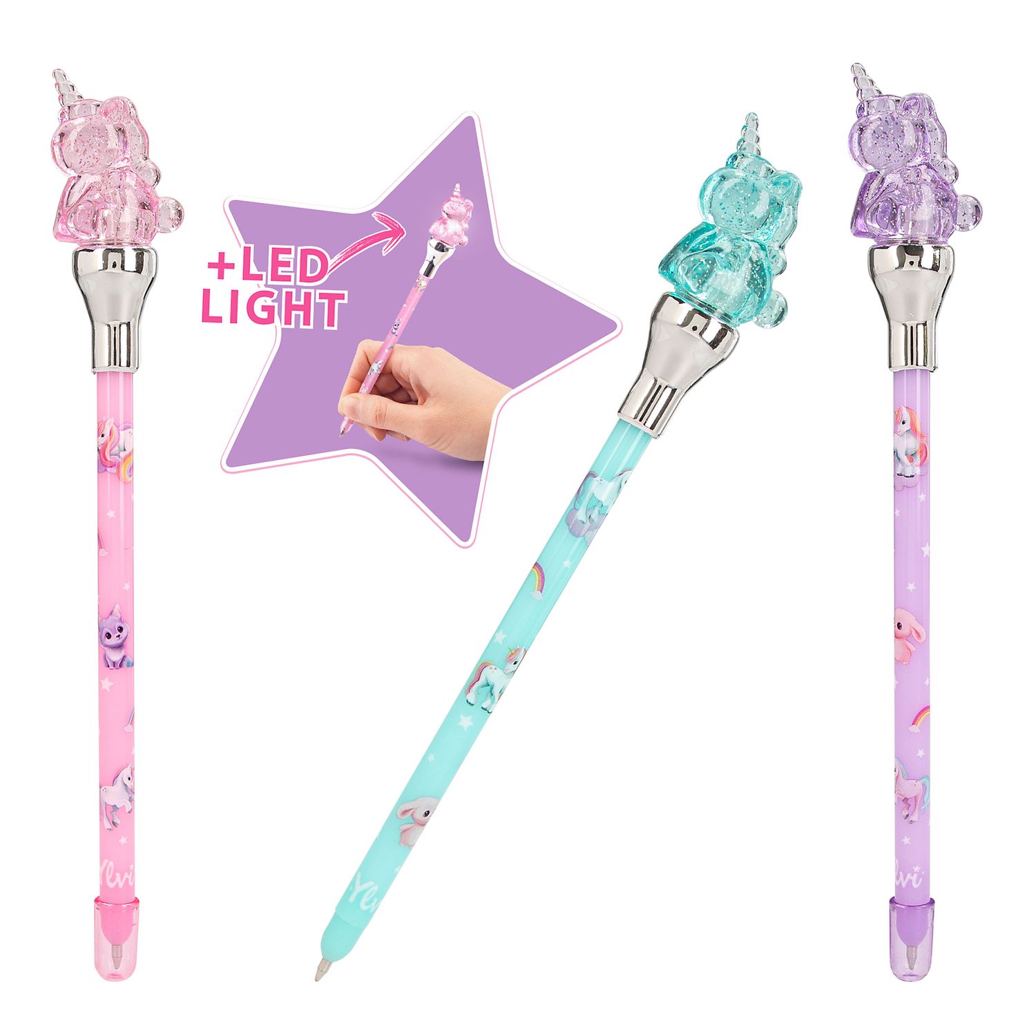 Ylvi pen met eenhoorn topper &amp; Led licht, Kleur: Roze