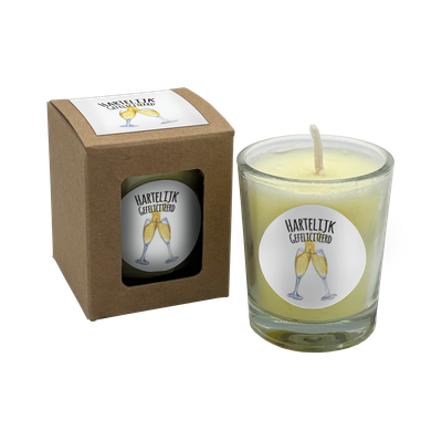 wenskaarsje met bedeltje hartelijk gefeliciteerd champagne