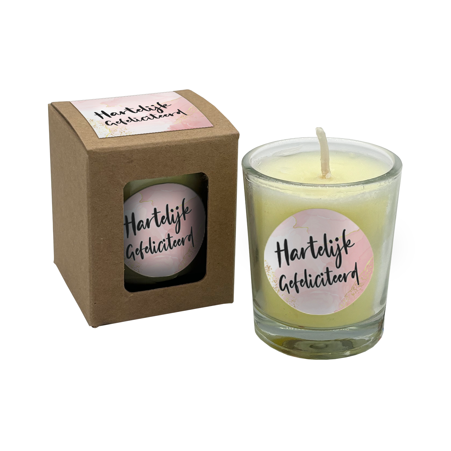 wenskaarsje met bedeltje hartelijk gefeliciteerd roze marble