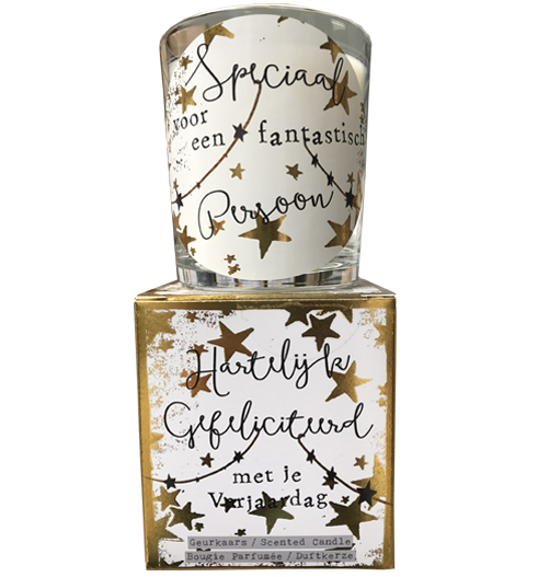 Geurkaars in giftbox hartelijk gefeliciteerd goud