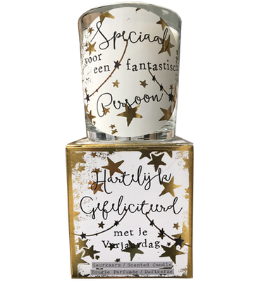 Geurkaars in giftbox hartelijk gefeliciteerd goud