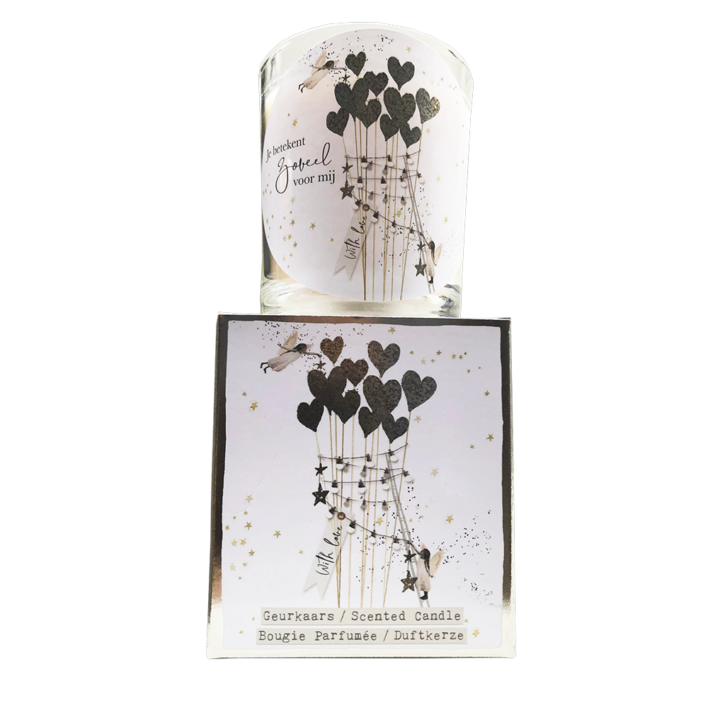 geurkaars in giftbox with love hearts zilver