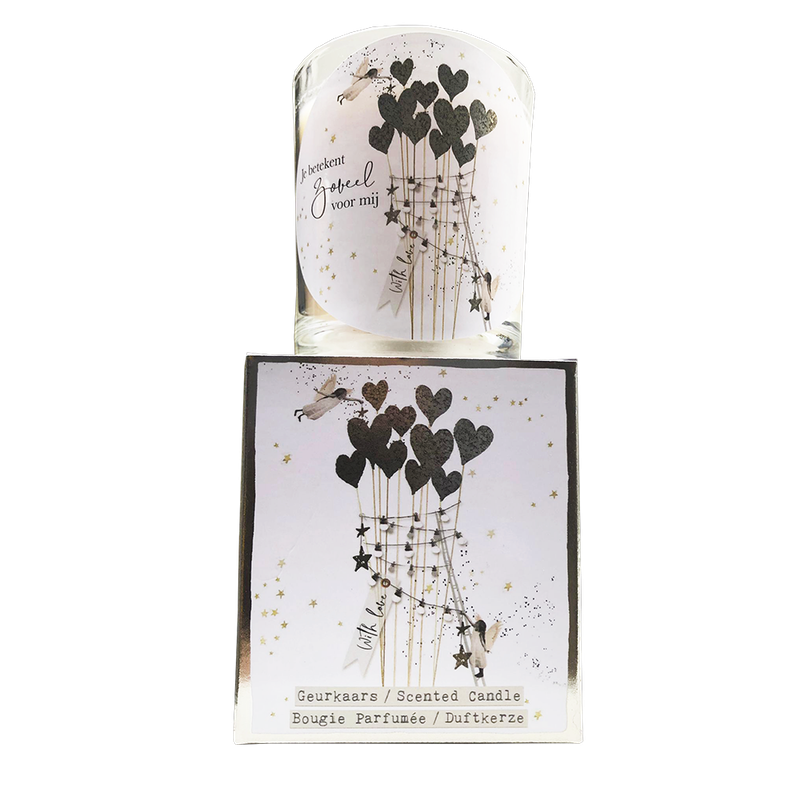 geurkaars in giftbox with love hearts zilver