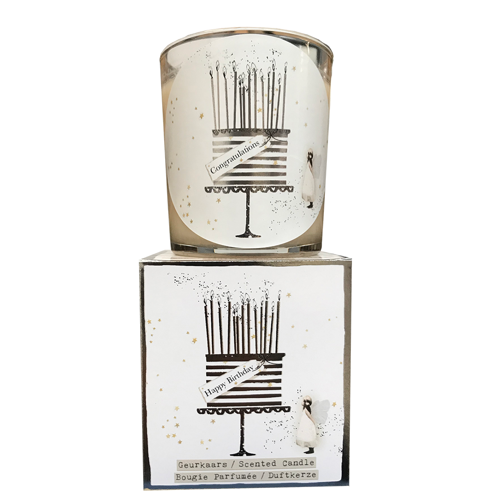 geurkaars in giftbox happy birthday taart zilver