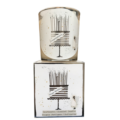 geurkaars in giftbox happy birthday taart zilver