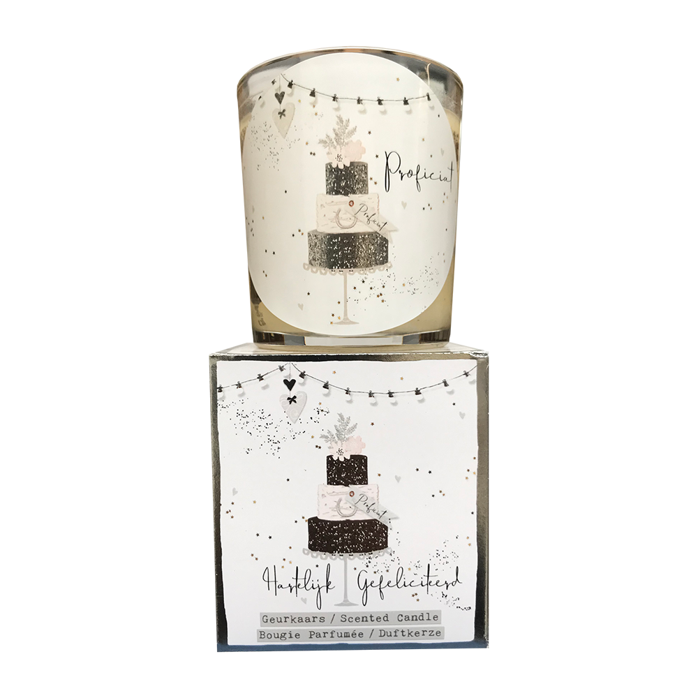 geurkaars in giftbox gefeliciteerd high cake zilver