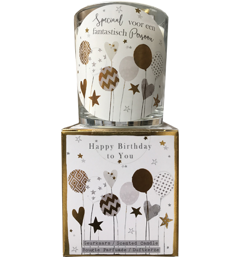 geurkaars in giftbox birthday ballonnen goud