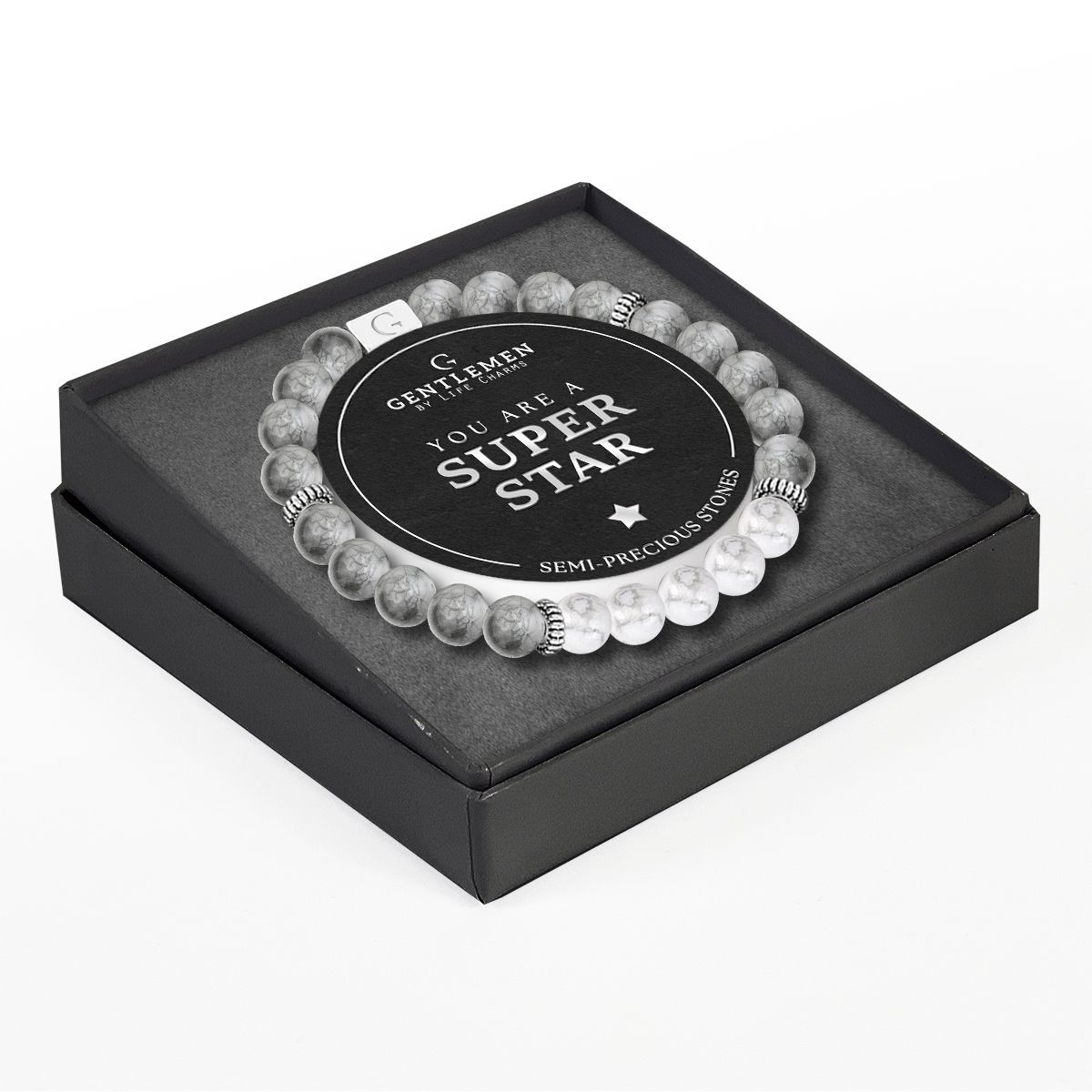 Life charms gentleman armband super star witte en grijze jaspis