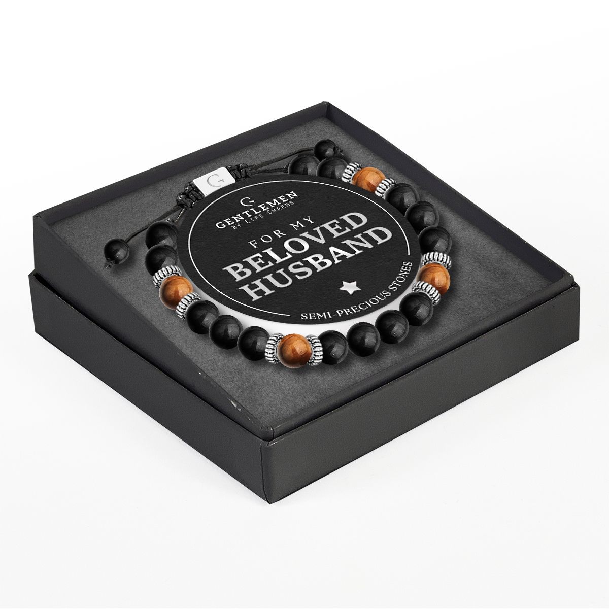 Life charms gentleman armband beloved husband tijgeroog - zwarte agaat