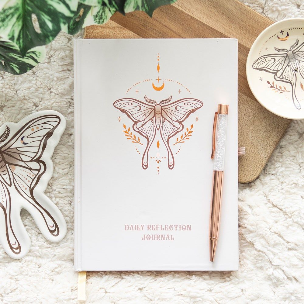Luna Moth reflectie dagboek met bergkristal pen