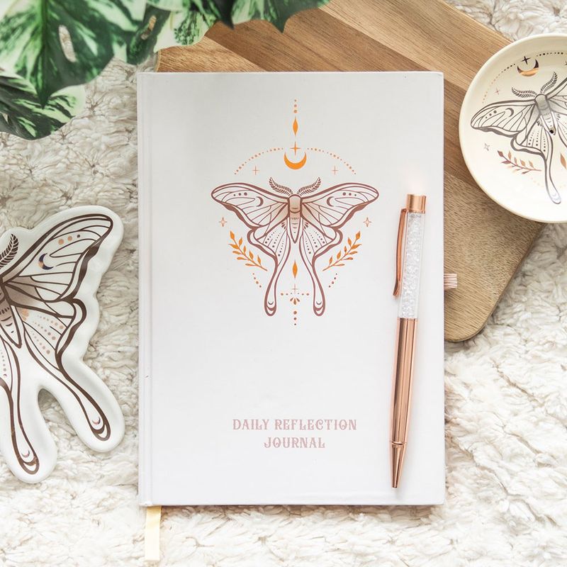 Luna Moth reflectie dagboek met bergkristal pen