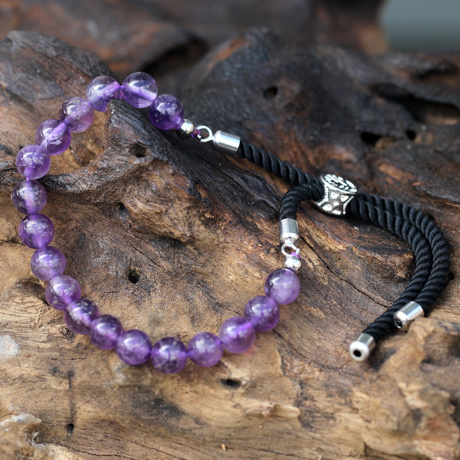 925 Verzilverde Edelsteen Armband met Zwart Gekleurd Koord - Amethist